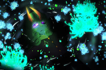 Gabriel Matrakos is floating at a dark pool filled with green spider lilies.