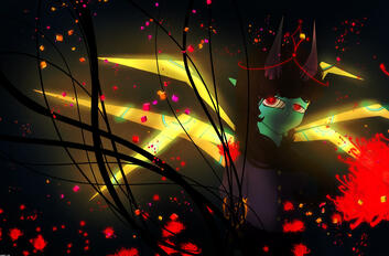 Pallad Ivanova in a field of red spider lilies. Black threads weave about in the pensiveness of his own reason.